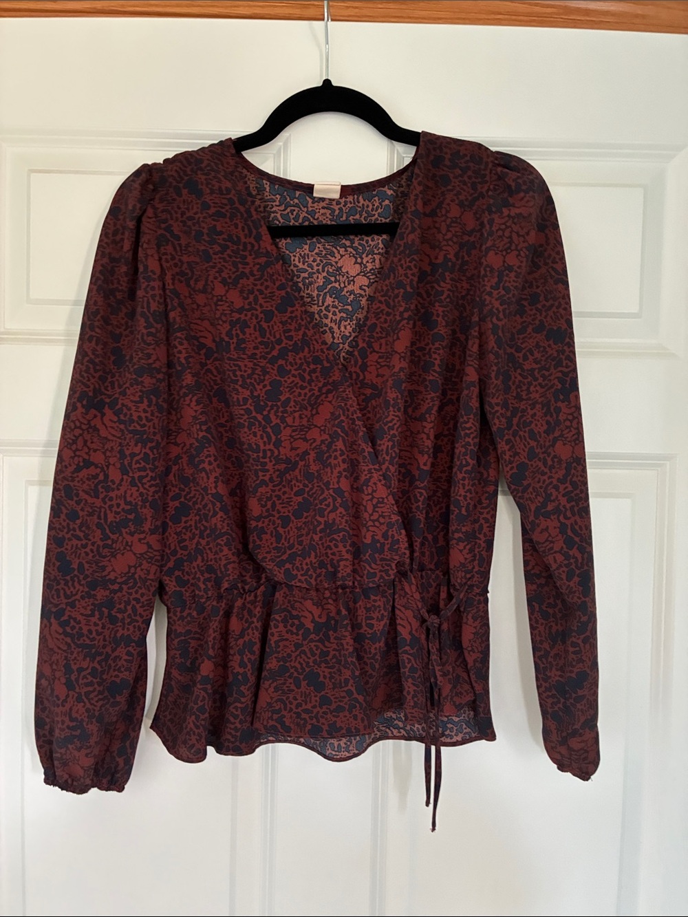 Melrose and Market Burgundy and Navy Floral Wrap Blouse